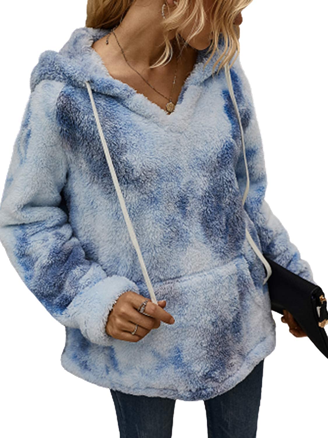 Womens Sherpa Pullover Hoodies Tie Dye V Neck Fuzzy Fleece Pockets Hooded Sweatshirts Sweaters Coats 