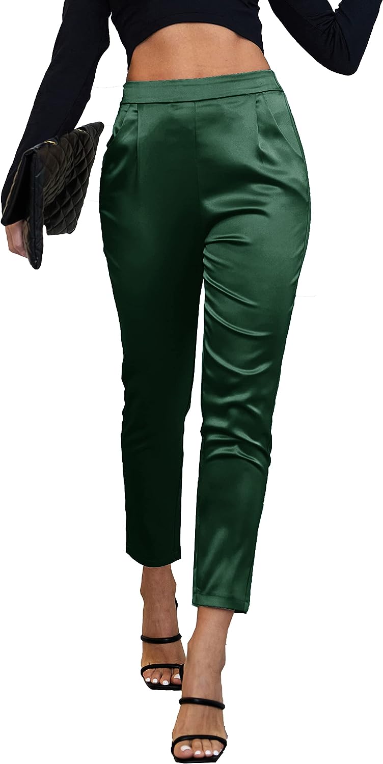 heipeiwa Women's Satin Pants Dress Casual Pleated Pull on High Waist Pants  with Pockets