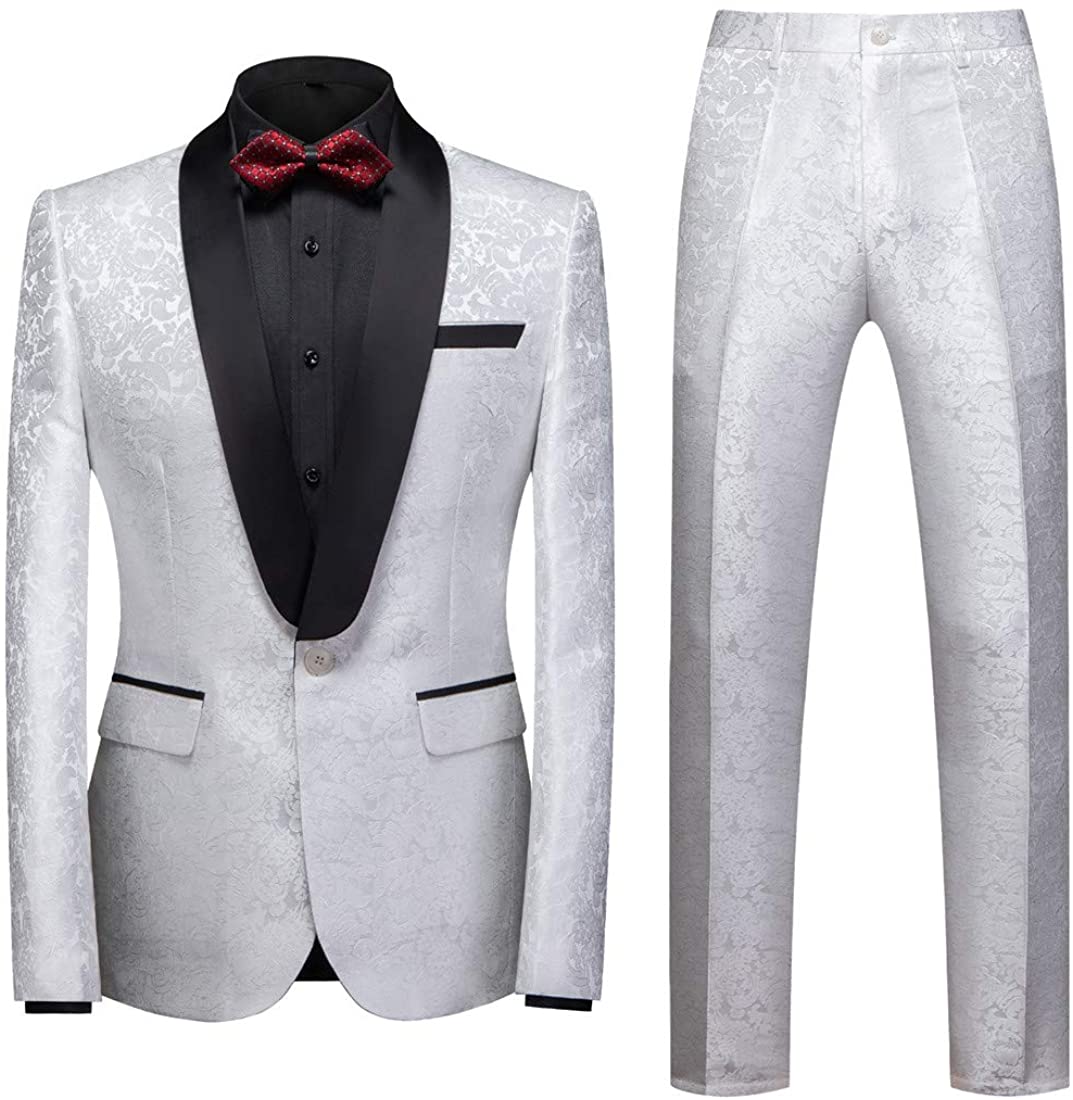 MOGU Mens Tuxedo Suit Pants for Wedding Party Jacquard Floral Design 