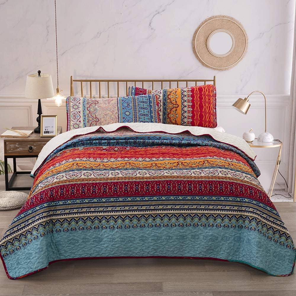 bohemian-quilt-set-king-boho-striped-pattern-printed-bedding-quilt-coverlet-set-ebay