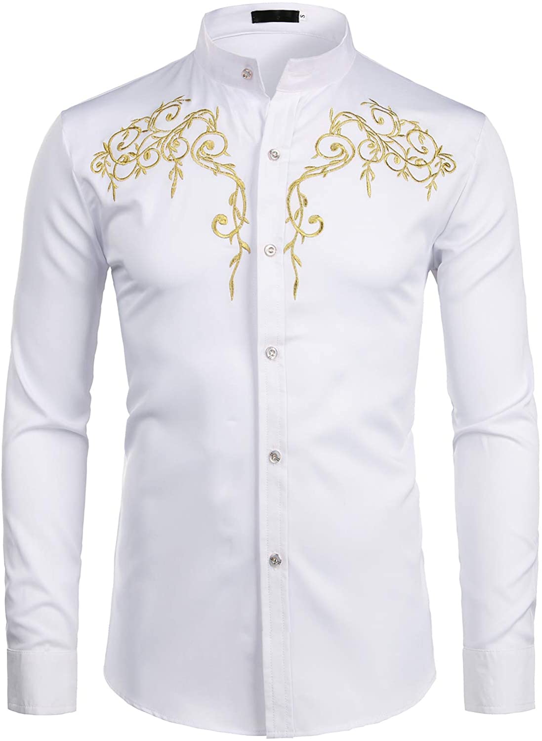 ZEROYAA Men's Floral Embroidery Slim Fit Long Sleeve Band Collar Dress ...