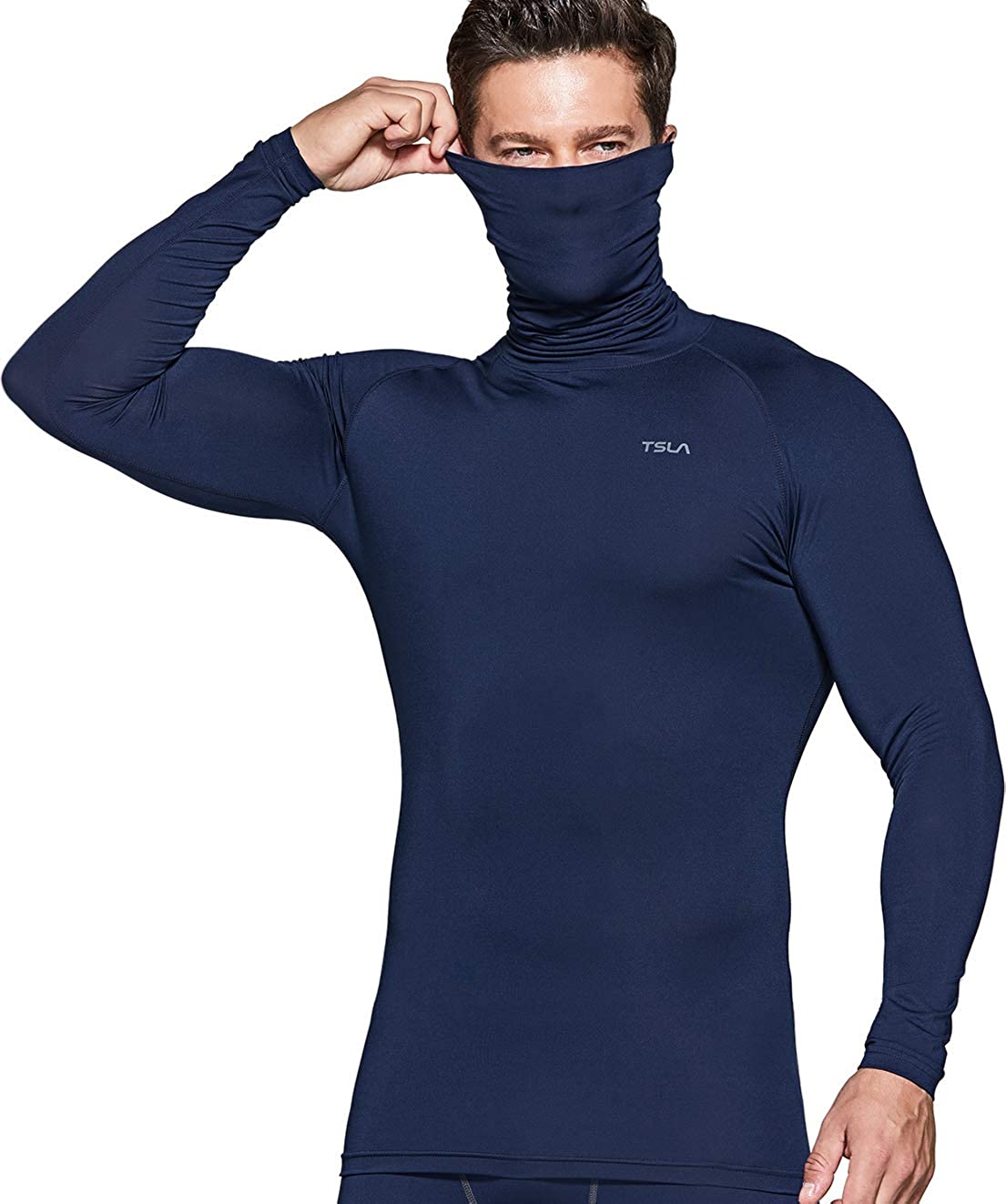 Cool Dry Fit Sports Compression Shirts UPF 50 TSLA Men's Long Sleeve Workout Shirts Hoodie with Mask 