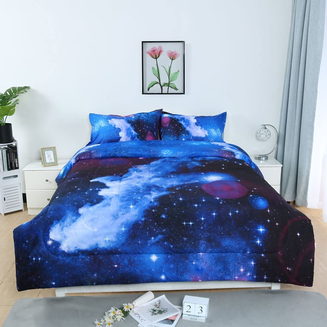 uxcell Full/Queen Size Galaxy Dark Blue Comforter Set -3D Outer Space ...