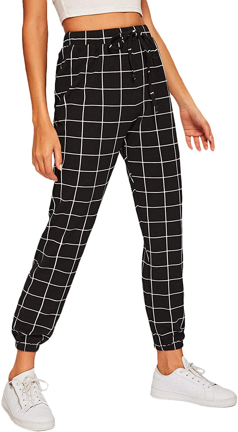 SweatyRocks Women's Tie High Waist Striped Plaid Casual Long Pants with  Pockets
