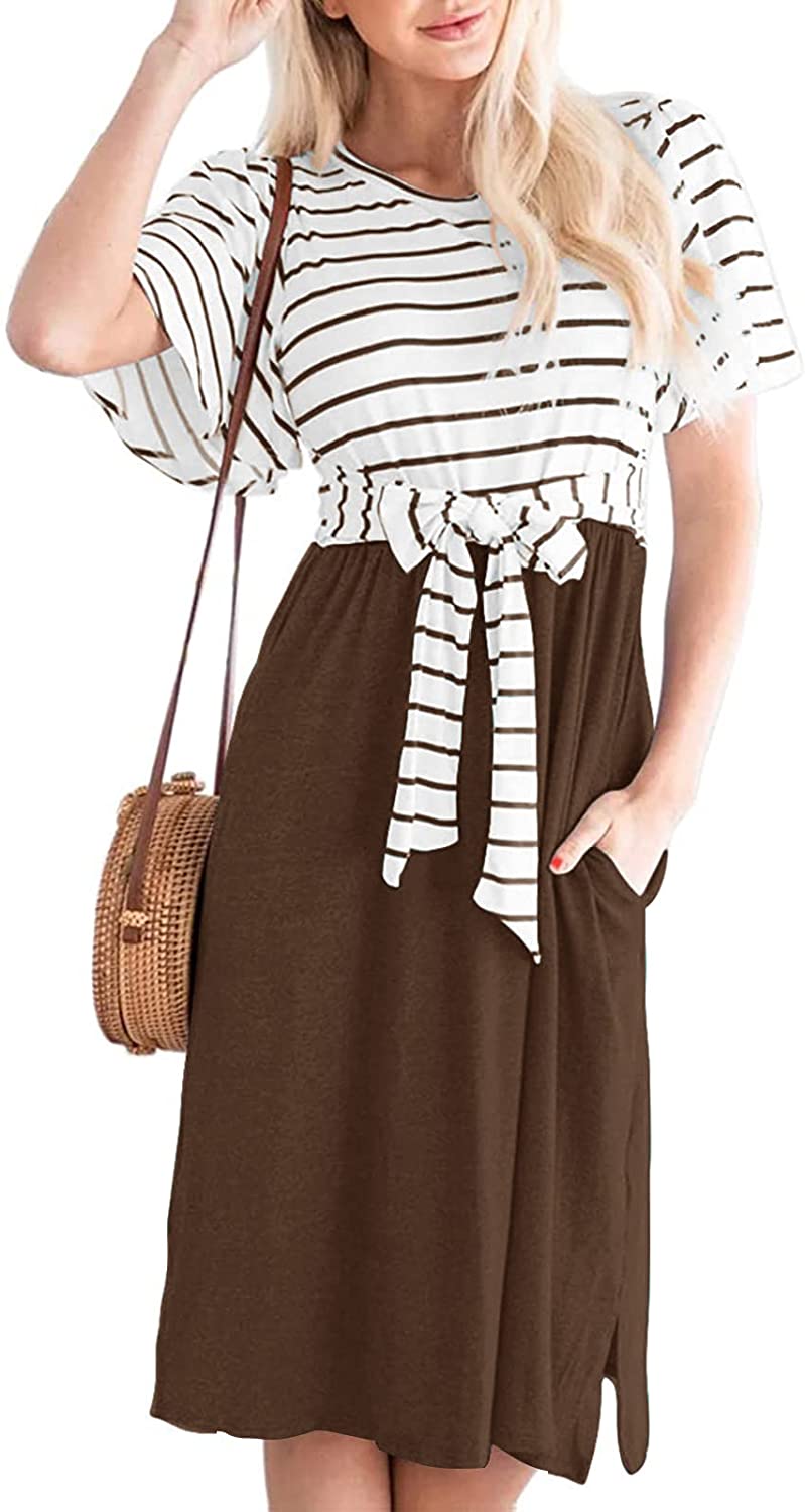 MEROKEETY Women's Summer Striped Short Sleeve T Shirt Dress Casual Tie Waist  Midi Dress, Black, S at  Women's Clothing store