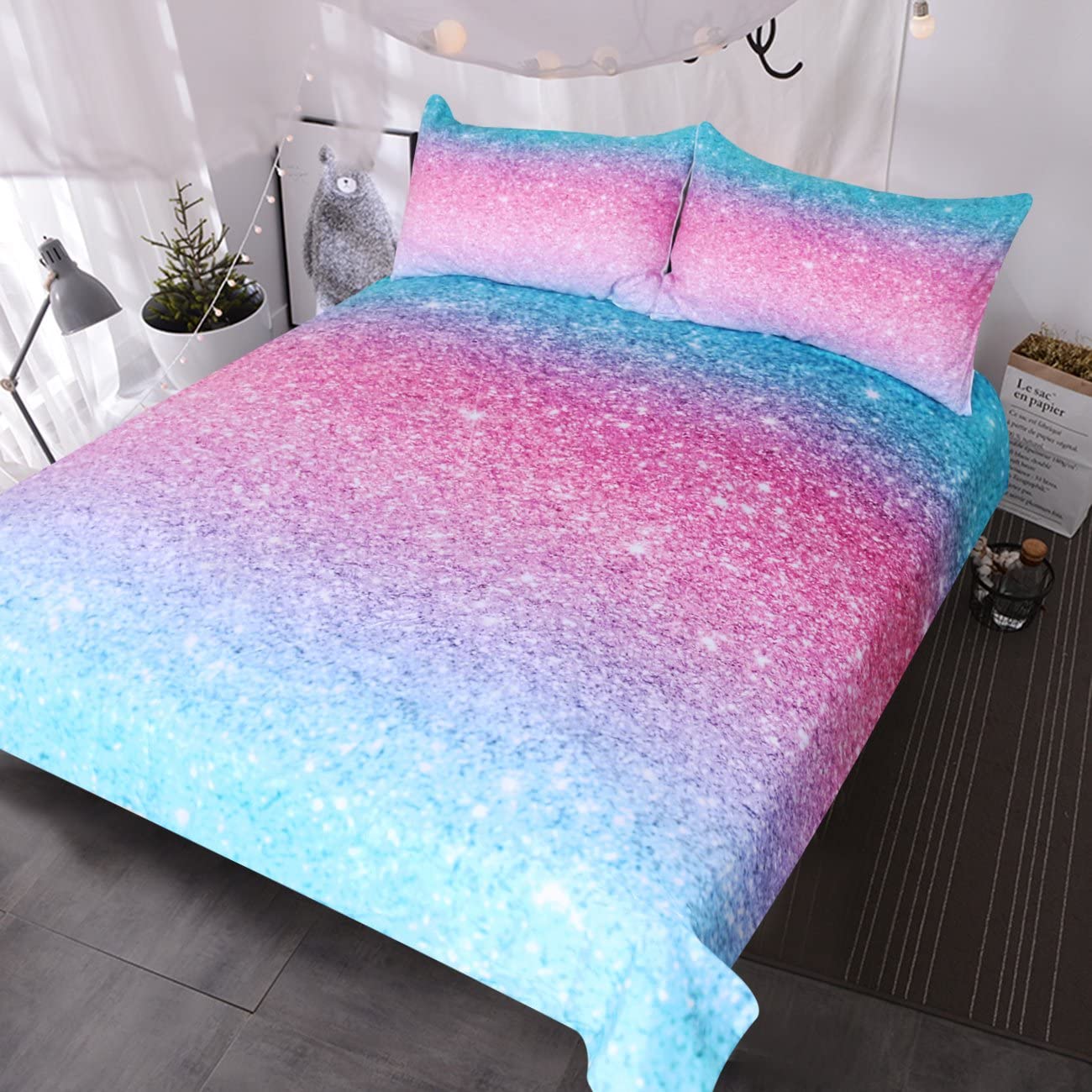 BlessLiving Colorful Glitter Mermaid Bedding Girly Turquoise Blue Pink and Purpl