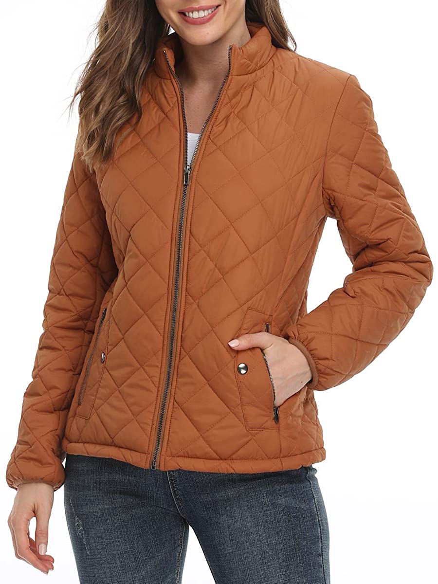 PEIQI Womens Quilted Jacket Coat Outwear Puffer Zip-up Stand Collar Padded Jacket with Pockets 