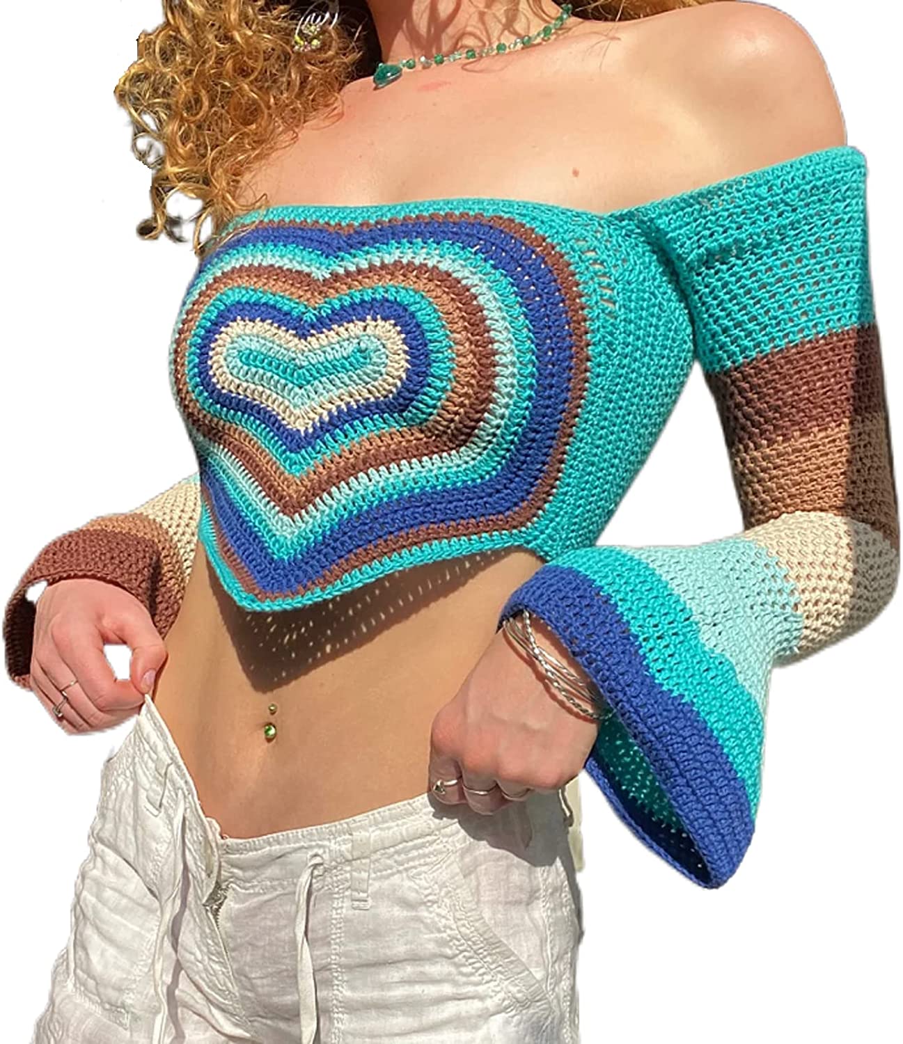 Y2k Women Long Sleeve Crop Top Crochet Knit Color Block Pullover 