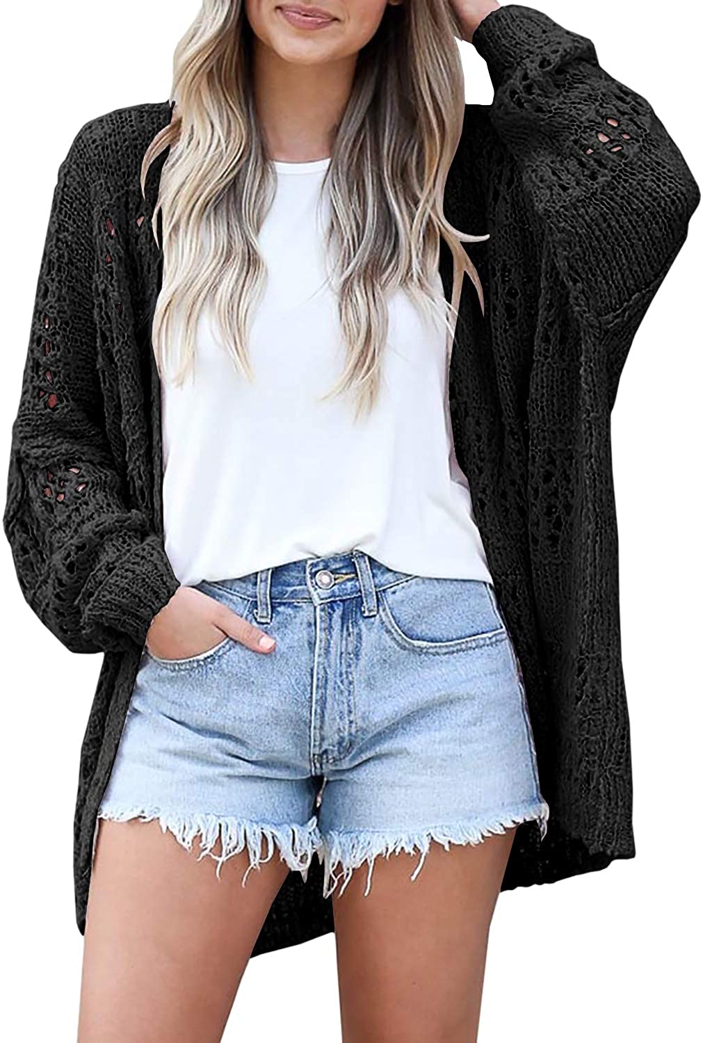 Ermonn Womens Crochet Cardigan Sweater Kimonos Boho Solid Color Oversized  Summer Open Front Outwear