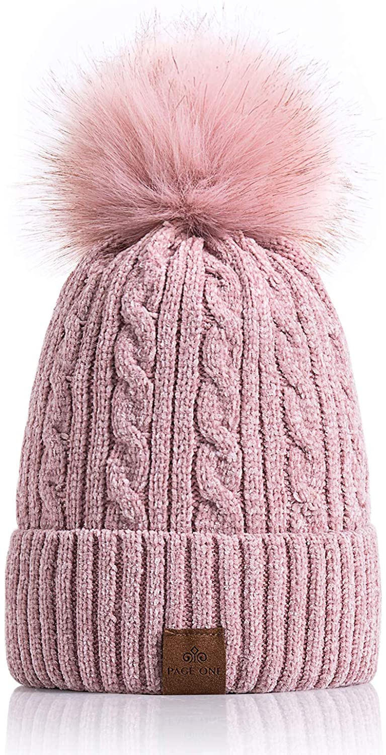 PAGE ONE Women Winter Pom Pom Beanie Hats Warm Fleece Lined,Chunky Trendy Cute Chenille Knit Twist Cap 