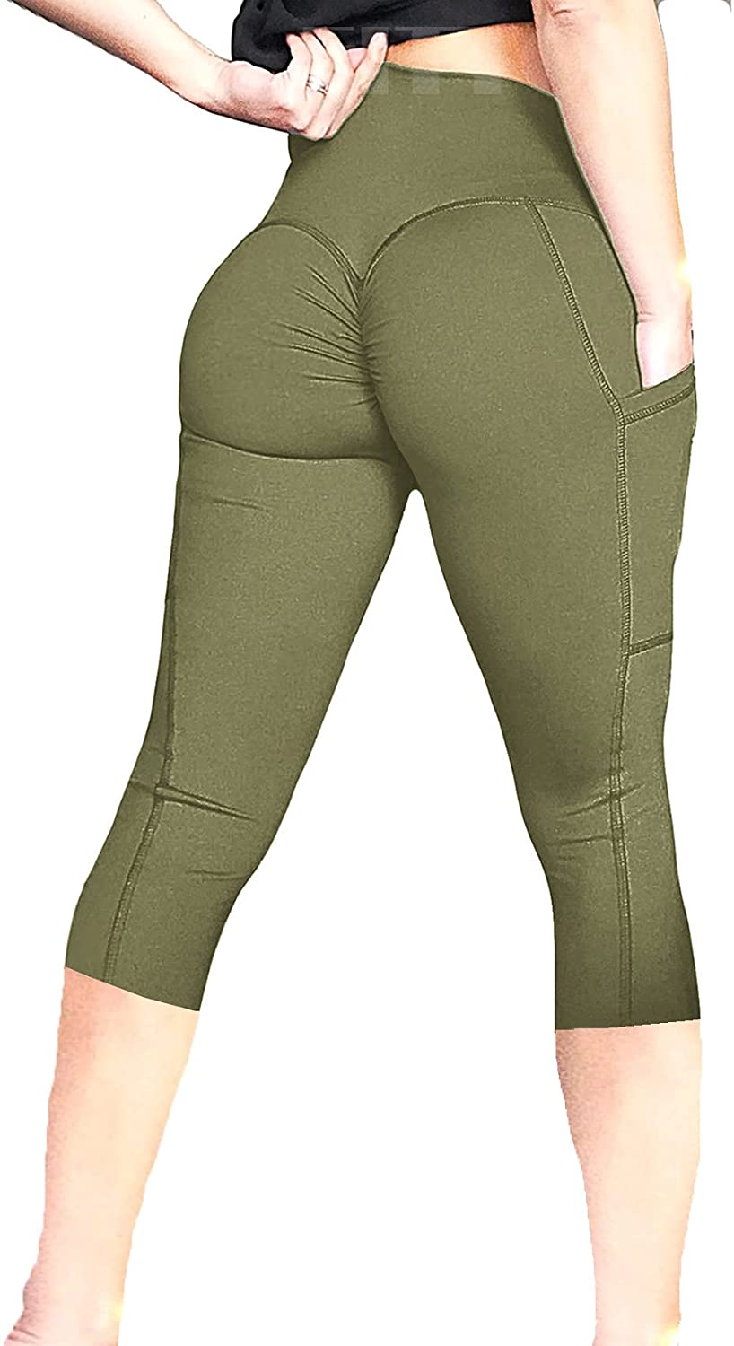 Womens Solid Summer Sport Ruched Skimpy Sports Butt Lift Women Leggings  Tummy Control Cute Tights Ladies Yoga Pants Green
