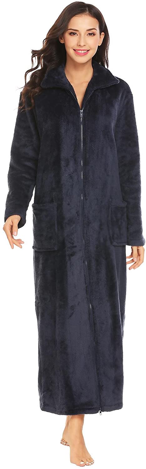 Ekouaer Women's Flannel Robe Zipper Front Robes Full Length Bathrobe(S-XXL)