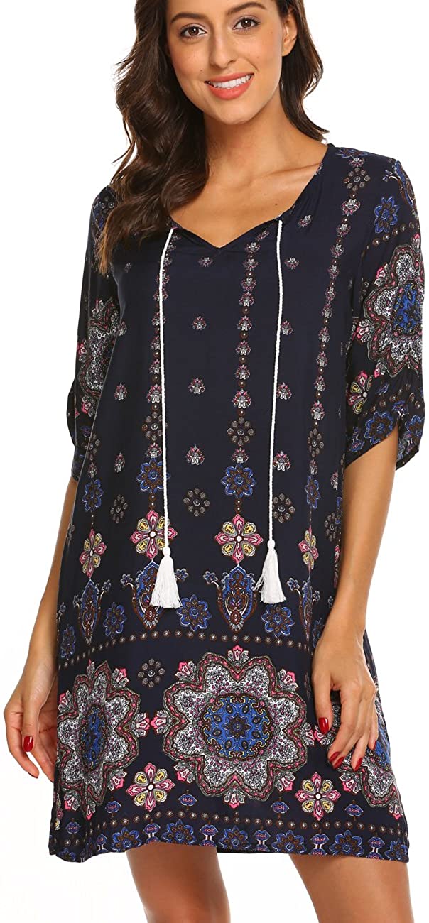 Halife Womens Bohemian Vintage Printed Ethnic Style Neck Tie Loose Casual Tunic Dress