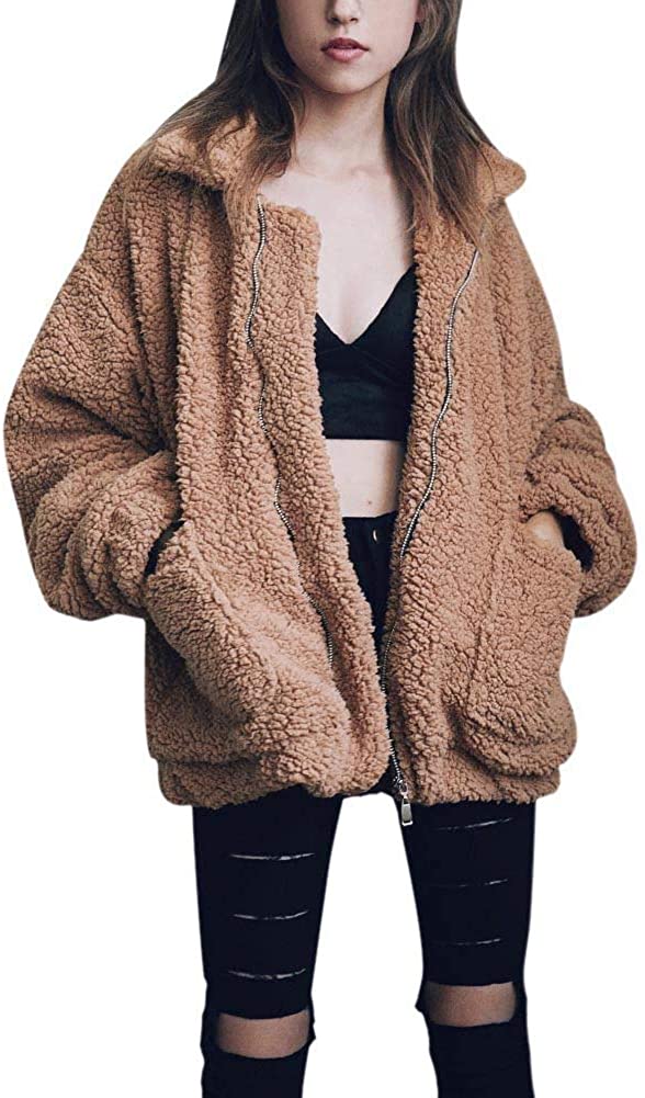 Womens Coat Short Casual Lapel Fleece Fuzzy Faux Shearling Zipper Warm Winter Oversized Outwear Jackets