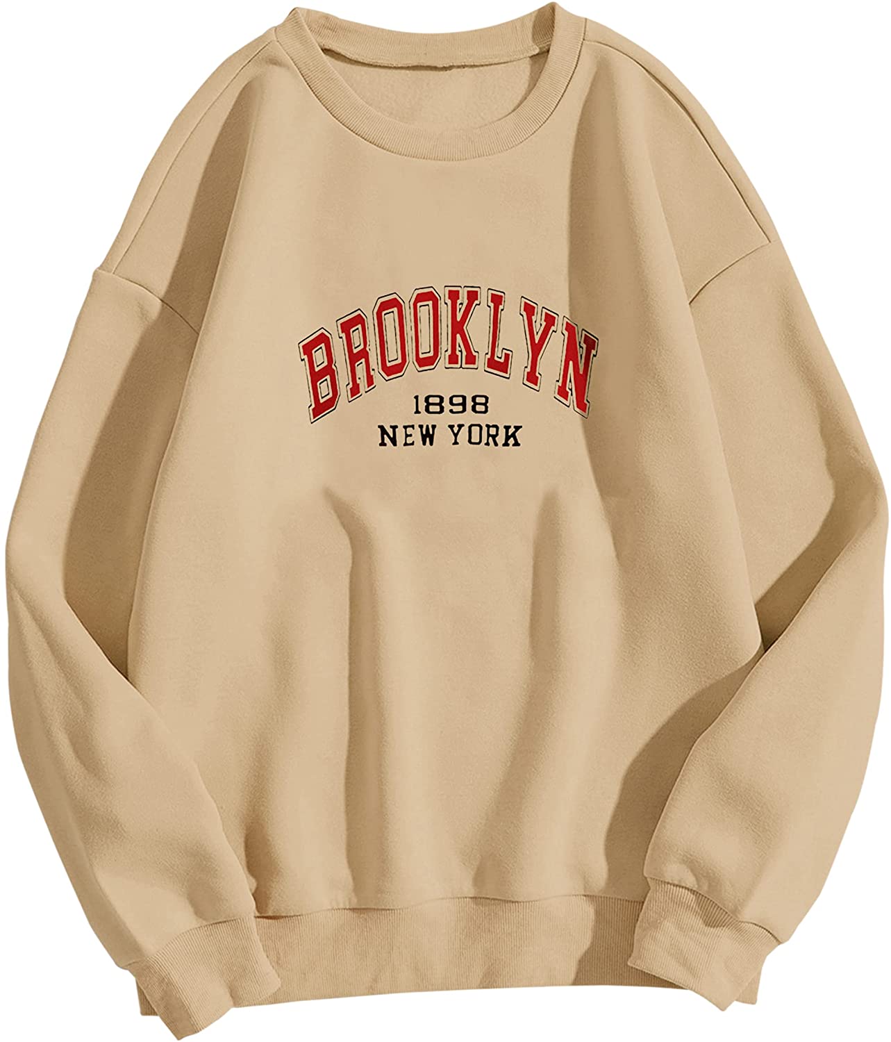 SAFRISIOR Women Oversized Brooklyn New York Letter Print Graphic Fleece Sweatshirt Crewneck Long Sleeve Pullover Jacket 