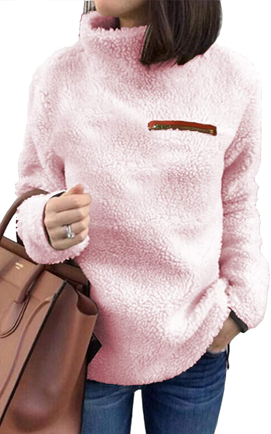 onlypuff Womens Fuzzy Long Sleeve Drawstring Hoodies Sherpa Pullover Sweaters Winter Warm Tunic Tops Sweatshirts 