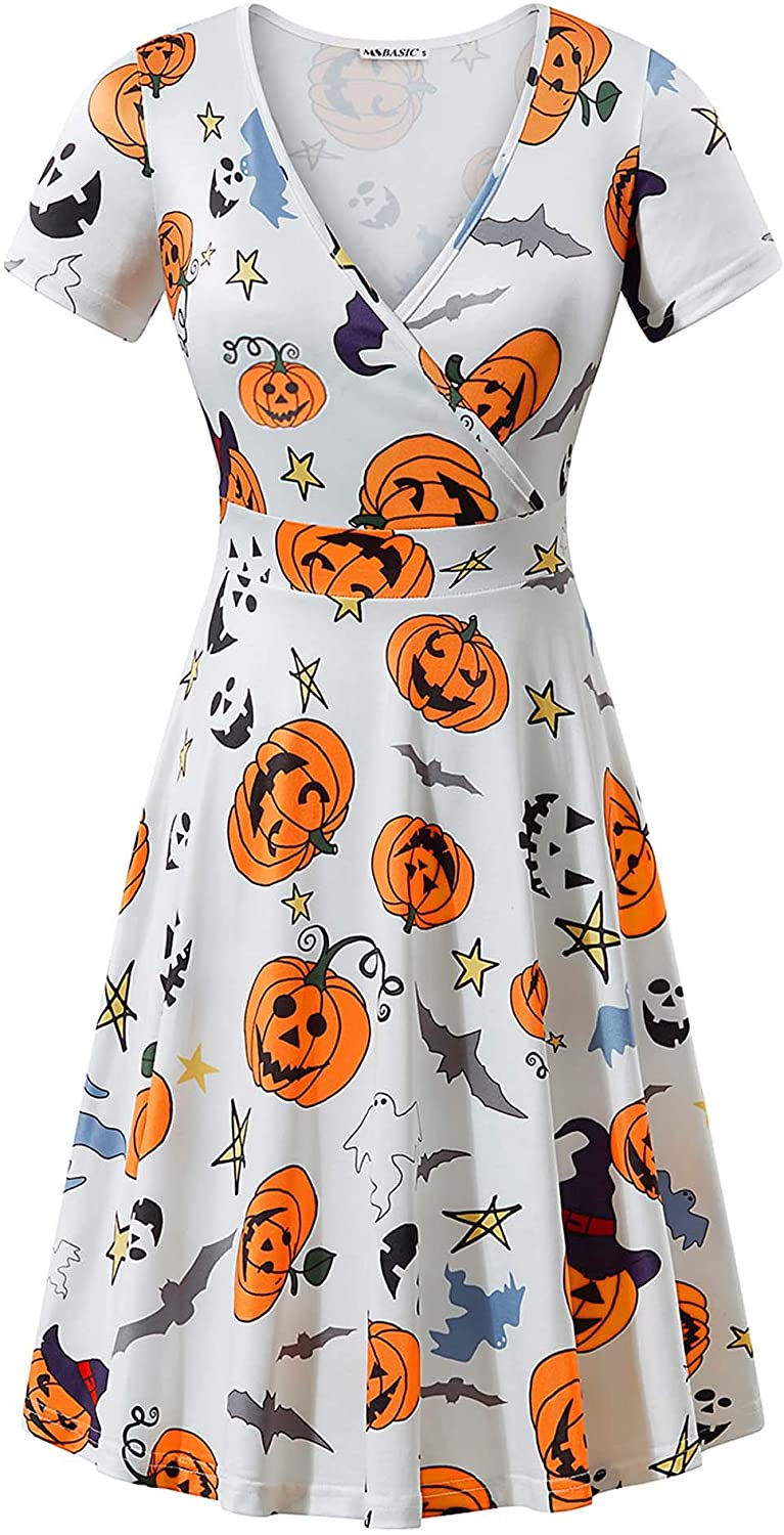 MSBASIC Short Sleeve Wrap V Neck Casual A Line Halloween Dress