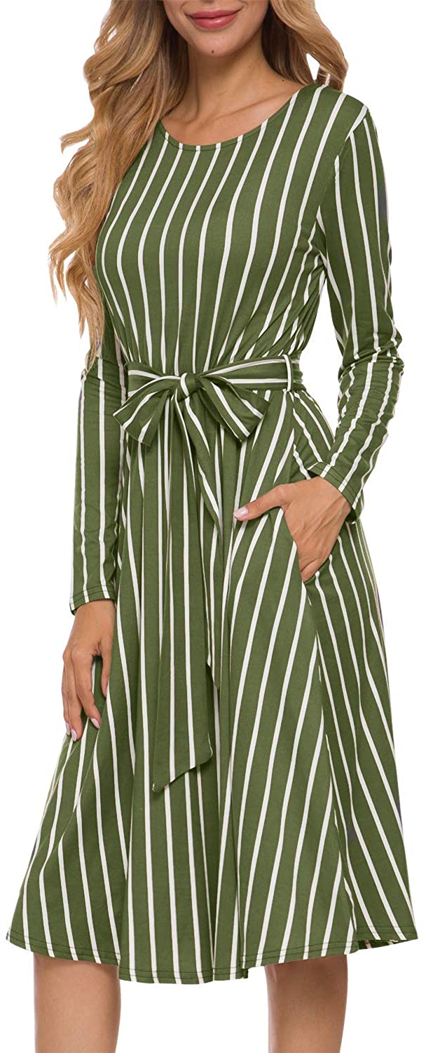 levaca Women's Flowy Striped Long Sleeve Pocket Modest Work Midi Dress with  Belt | eBay