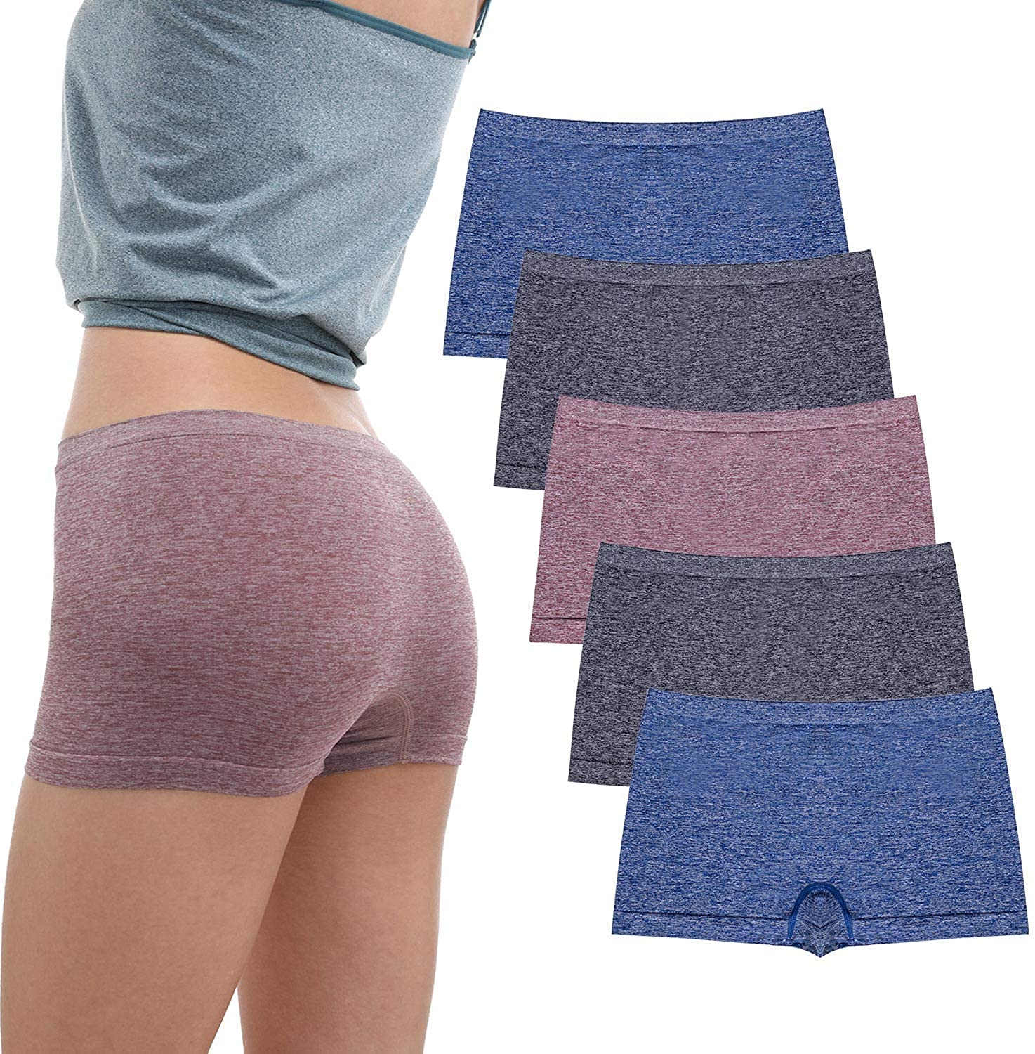 Womens Seamless Underwear Boyshort Ladies Panties Spandex Panty Workout Boxer briefs 5-Pack 