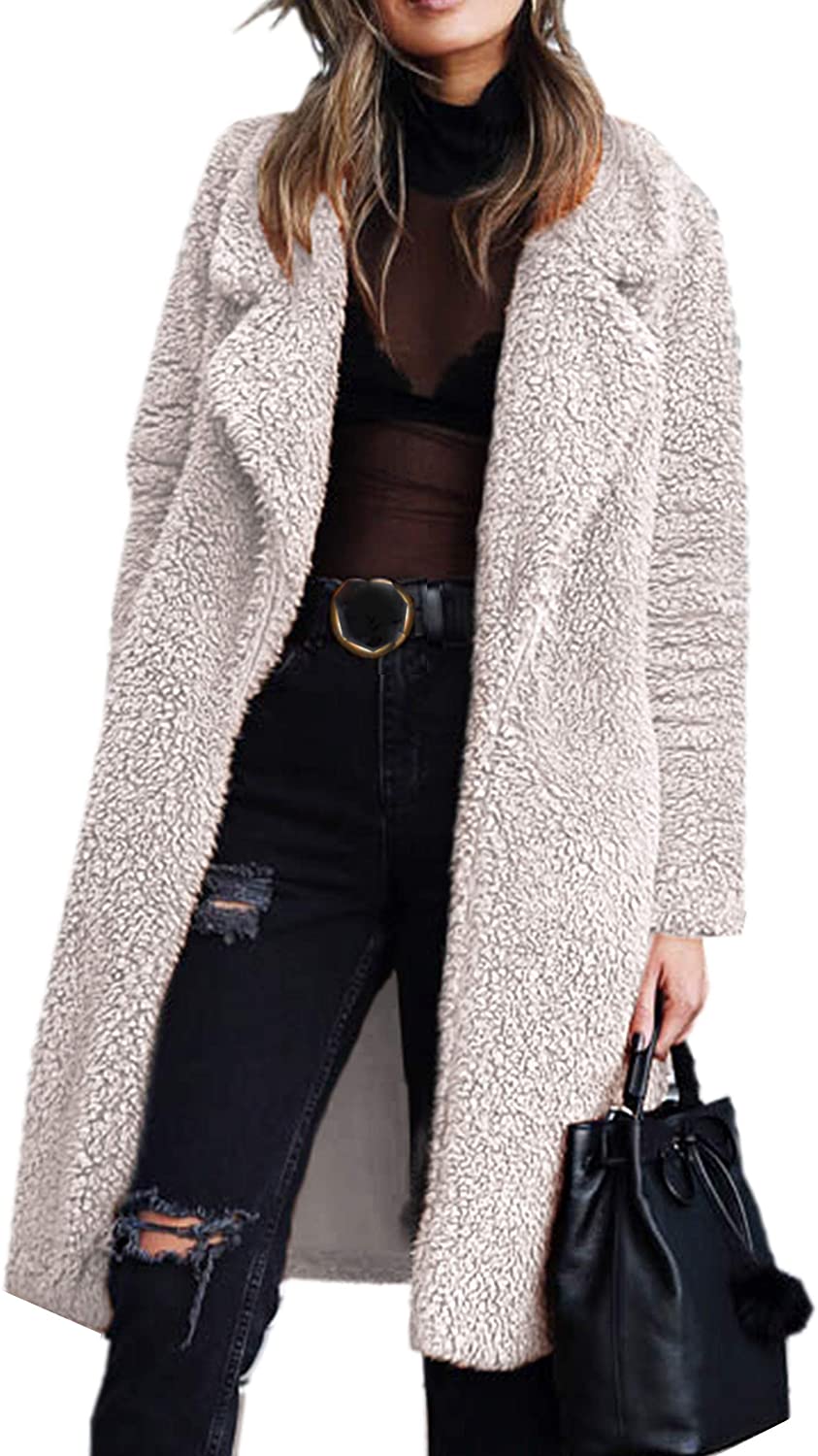 aliveGOT Womens Warm Fuzzy Fleece Lapel Long Cardigan Coat Faux Fur Outwear 