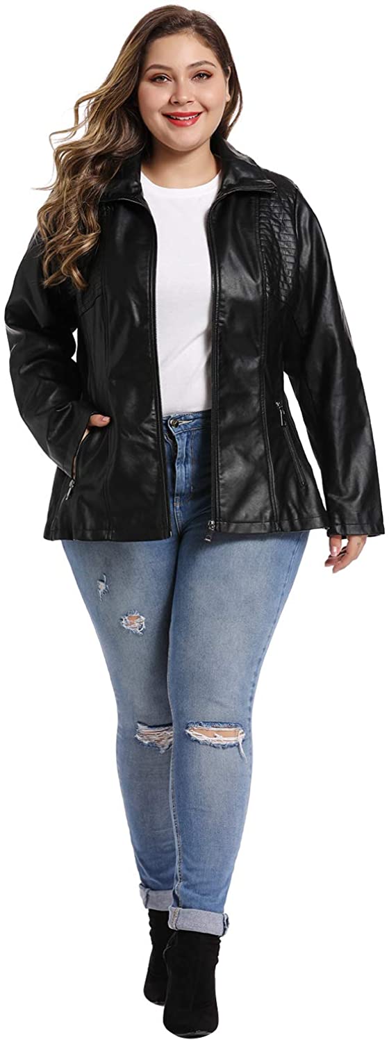 SPYM Womens Casual Plus Size Faux Leather Fashion Quilted Moto Jacket