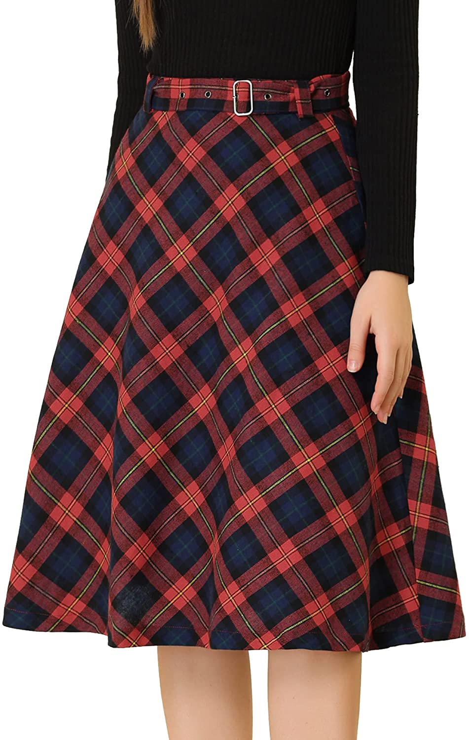 Allegra K Women's Tartan Plaid High Waist Belted Vintage A-line