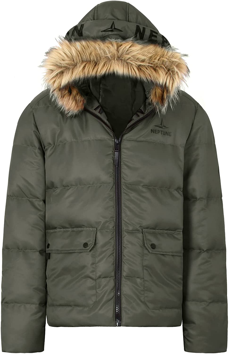 Mens Puffer Jackets Hooded Faux Fur Winter Waterproof Down Coat Outerwear