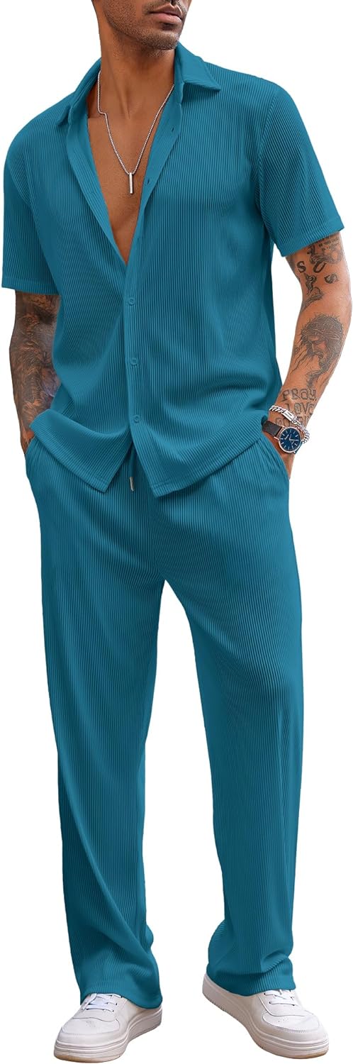COOFANDY Men's Waffle Shirt and Shorts Set 2 Piece Outfits Casual Summer  Tracksuits Set with Pockets