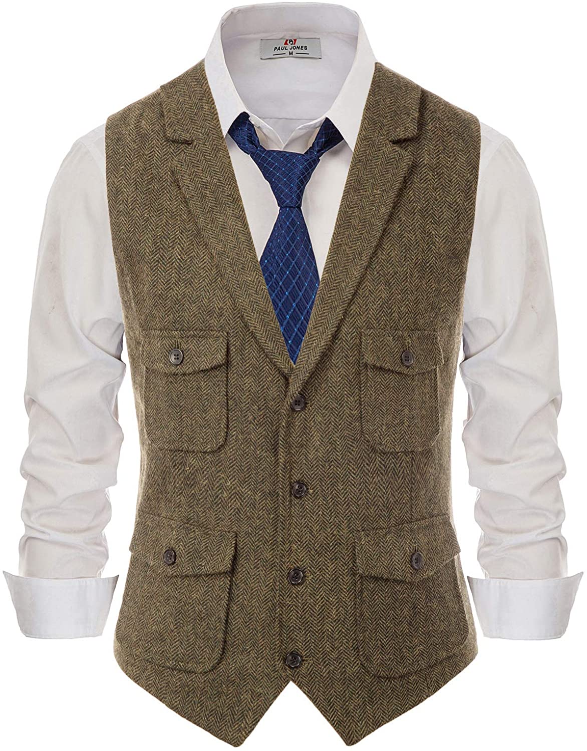 PJ PAUL JONES Men's Herringbone Tailored Collar Waistcoat Wool Tweed ...