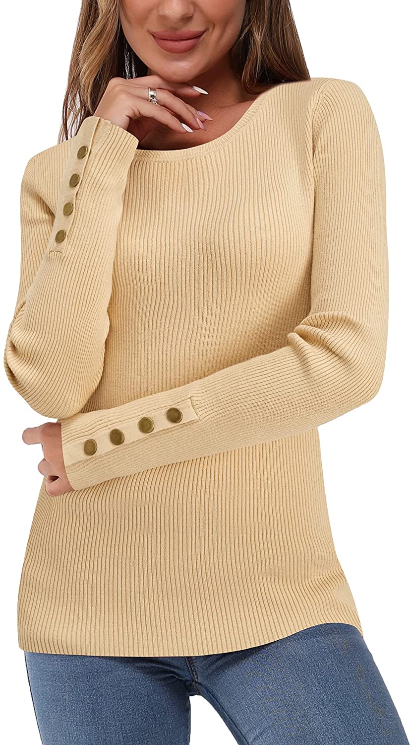 Newshows Women's Solid Long Sleeve Knit Crew Neck Button Stretch Casual Pullover Sweater