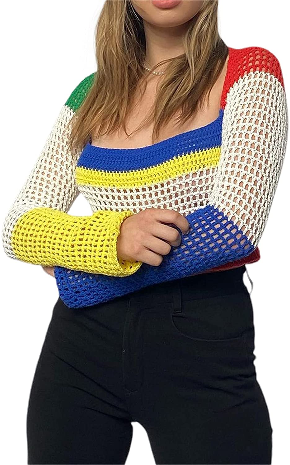 Women S Y2k Crochet Crop Top See Through Hollow Out Knitwear Pullover Long Sleev 24 72 Picclick