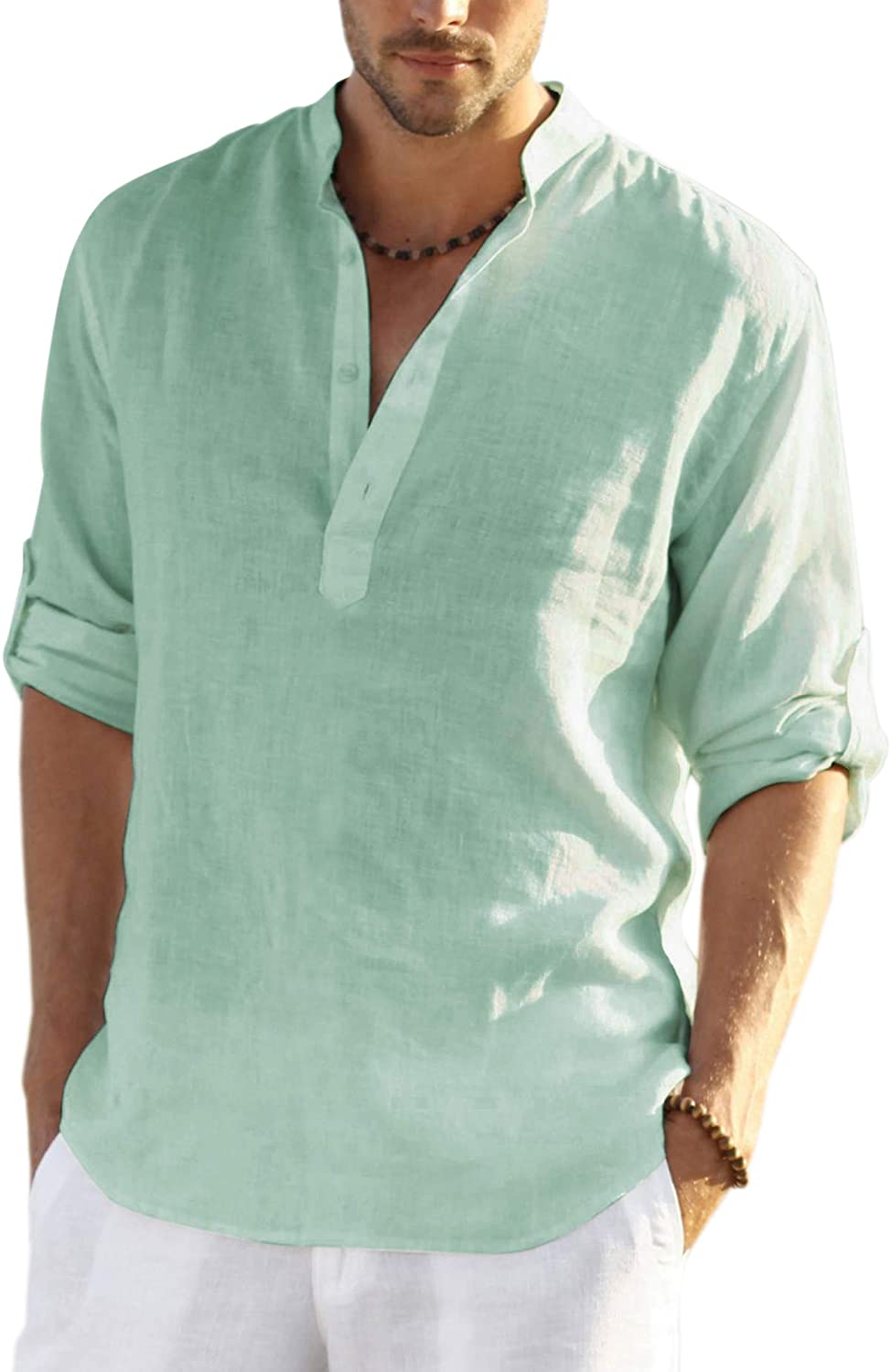 COOFANDY Men's Cotton Linen Henley Shirt Long Sleeve Hippie Casual Beach T Shirts 