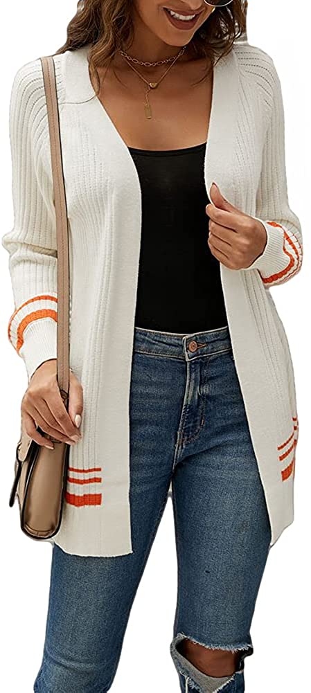 Womens Long Sleeve Casual Striped Cardigan Color Block Knit Open Front  Sweater C
