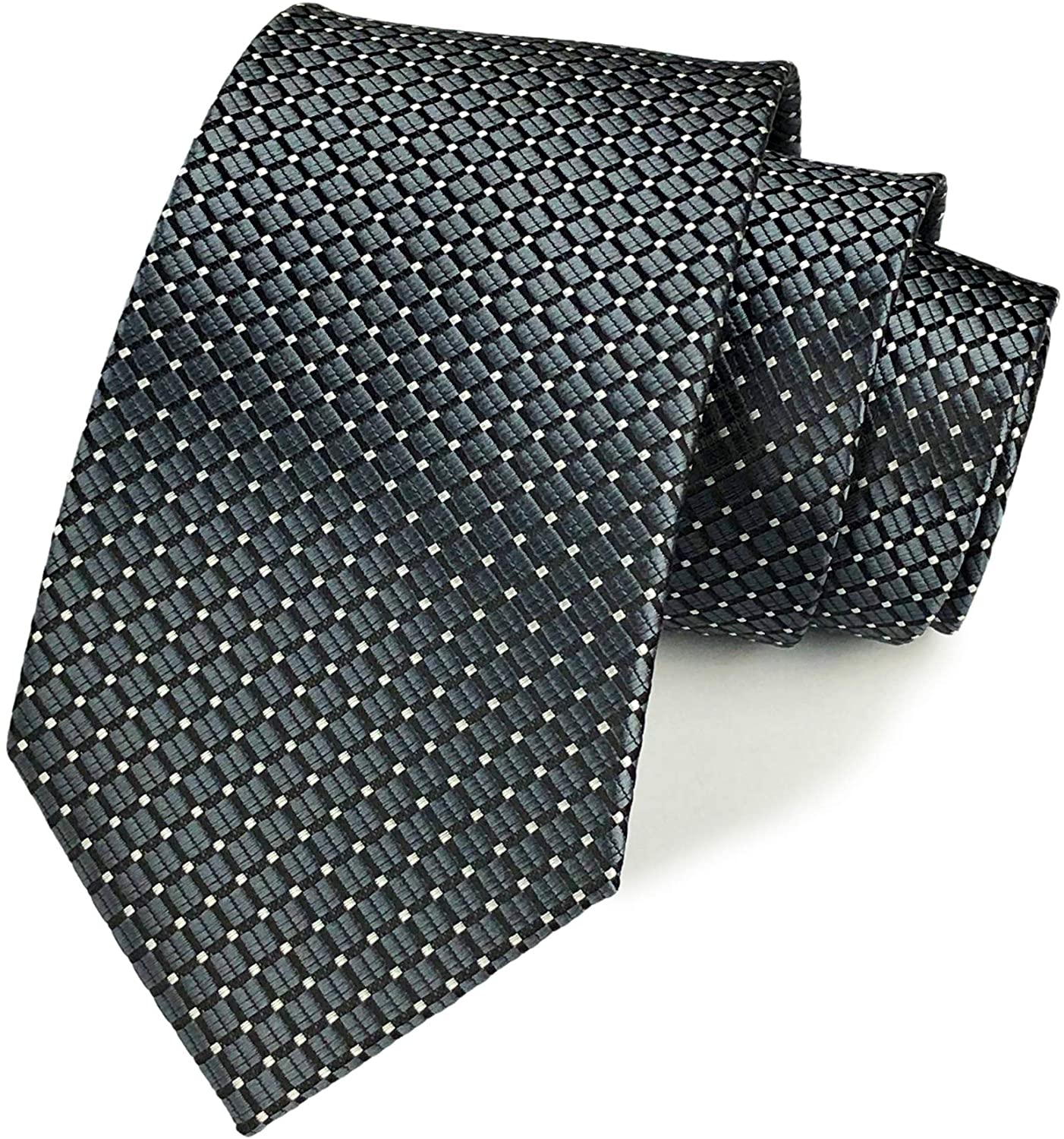 Secdtie Men's Classic Checks Dark Blue Grey Jacquard Woven Silk Tie Necktie 