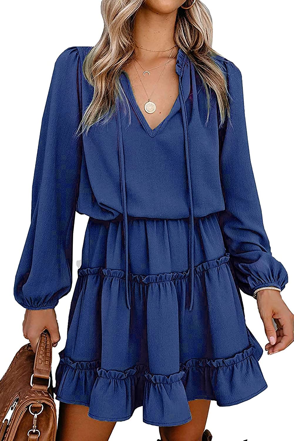 Long Sleeve Ruffle Dress, Half High Neck Back Neckline Button Closure Pure  Color Long Sleeve Ruffle Dress Mid Waist For Daily Life For Women For