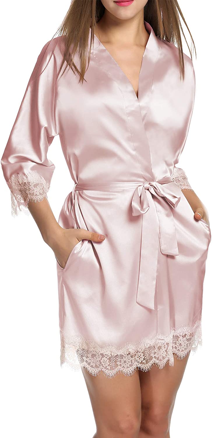 Hotouch Satin Rrobes for Women Silk Bathrobe Short Kimono Robes with  Oblique V-N