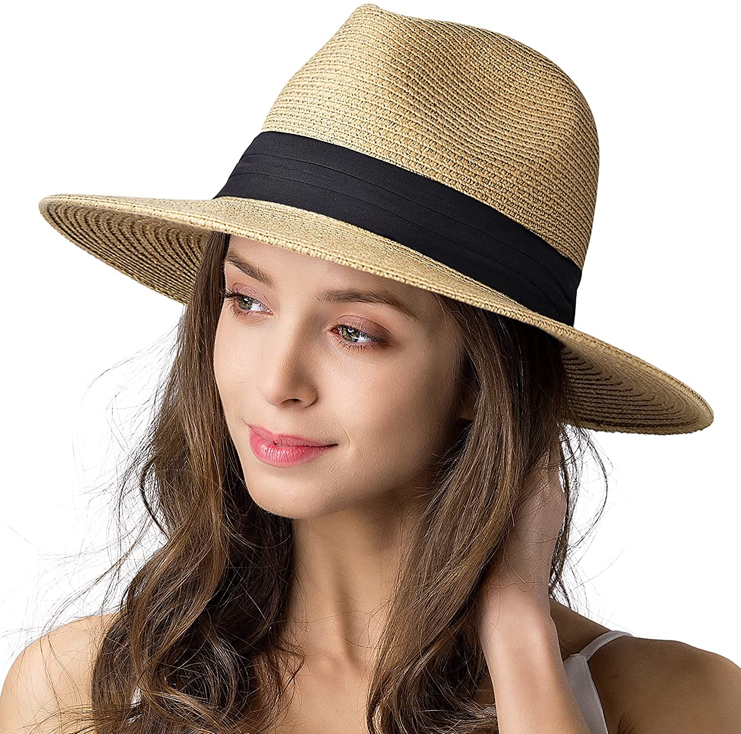 Fedora Straw Flat Brim Beach Sun  For Men or Women Large Brim Summer Panama Hat 
