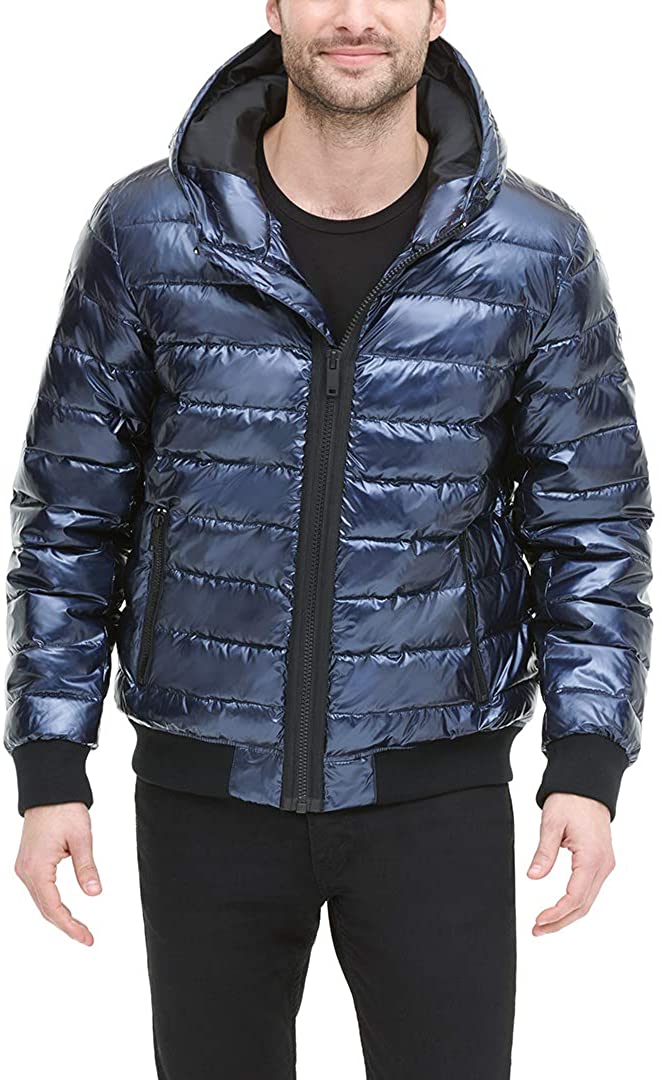 dkny mens quilted hooded bomber jacket