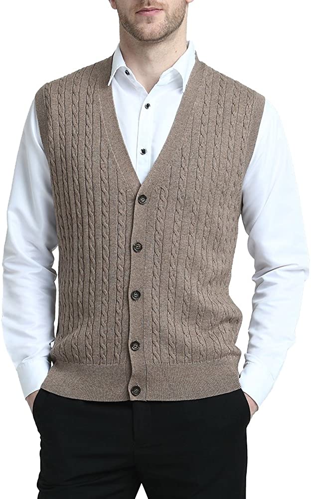 Kallspin Men’s Cashmere Wool Blend Relax Fit Vest Knit V-Neck Sweater 