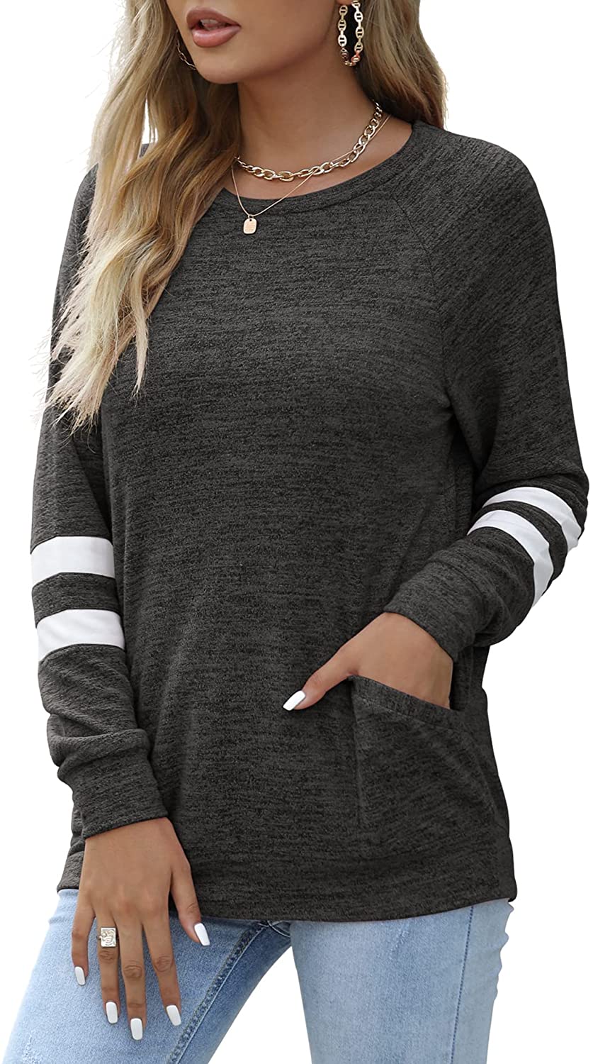 thumbnail 5  - LILBETTER Womens Casual Color Block Long Sleeve Round Neck Pocket T Shirts Blous