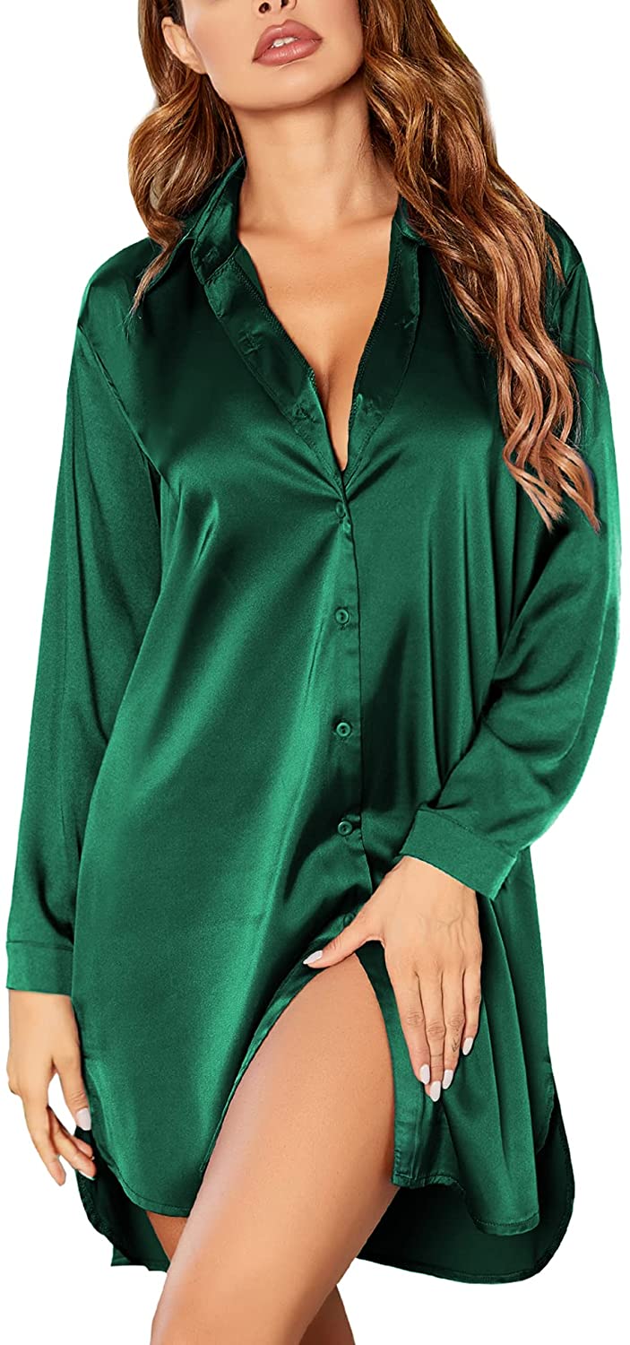 Ekouaer Satin Nightgowns for Women Silk Sleepwear Button Down Sleepshirt  3/4 Sleeve V-Neck Nightshirts with Pockets