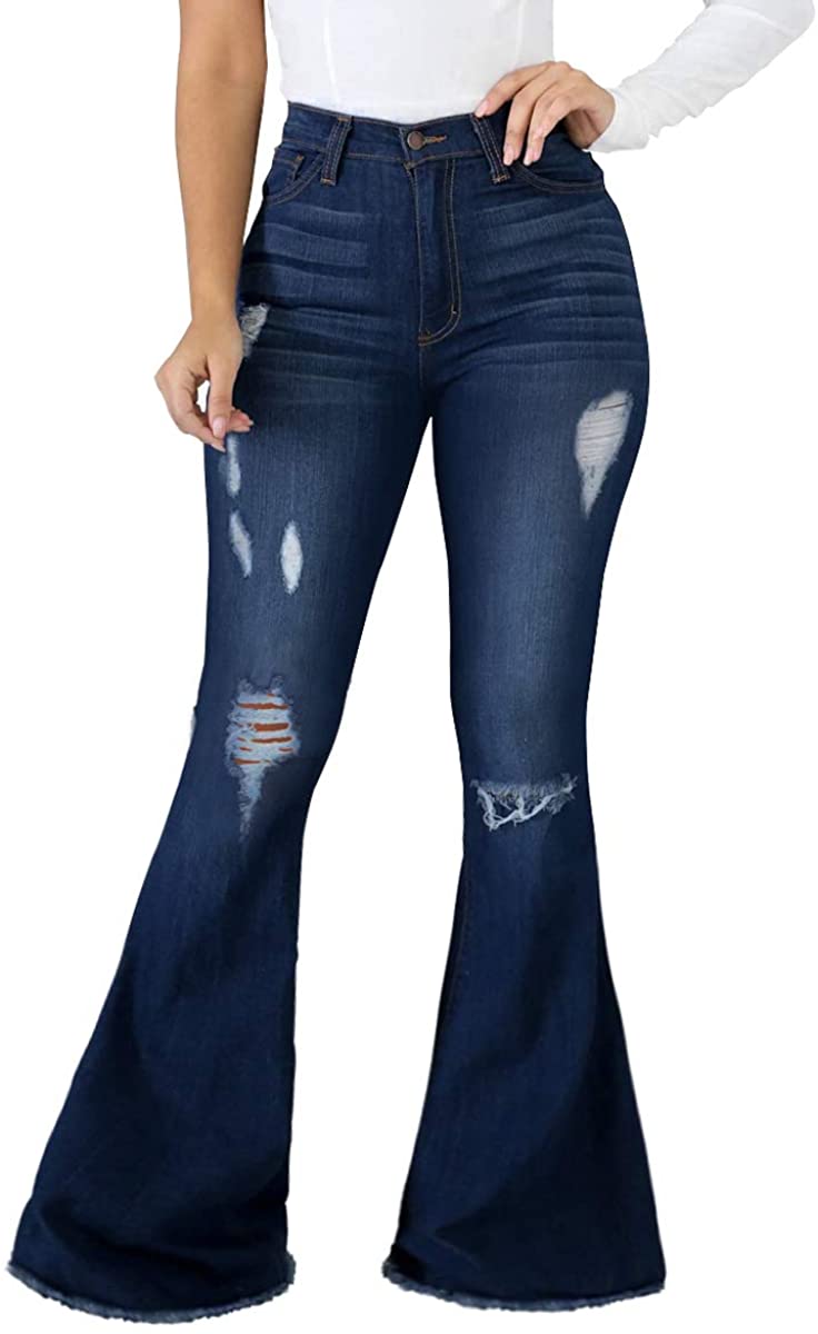 ❤Womens Stripe High Waist Ripped Flared Jeans Bell Bottom Denim Pants Trousers❤