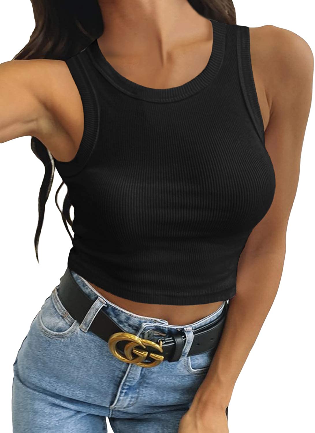 VICHYIE Crop Tank Tops for Women Summer Ribbed Blouses Cami Shirts 