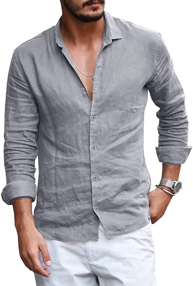 Mens Button Down Shirt Linen Cotton Shirts Casual Long Sleeve Spread Collar  Ligh