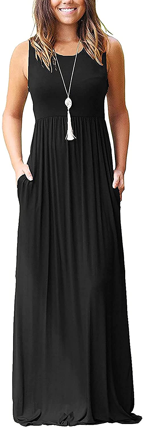 LuminitA Womens Maxi Dresses Flowy Halter Neck Solid Color Sleeveless Loose Dress Summer Casual Sundress 
