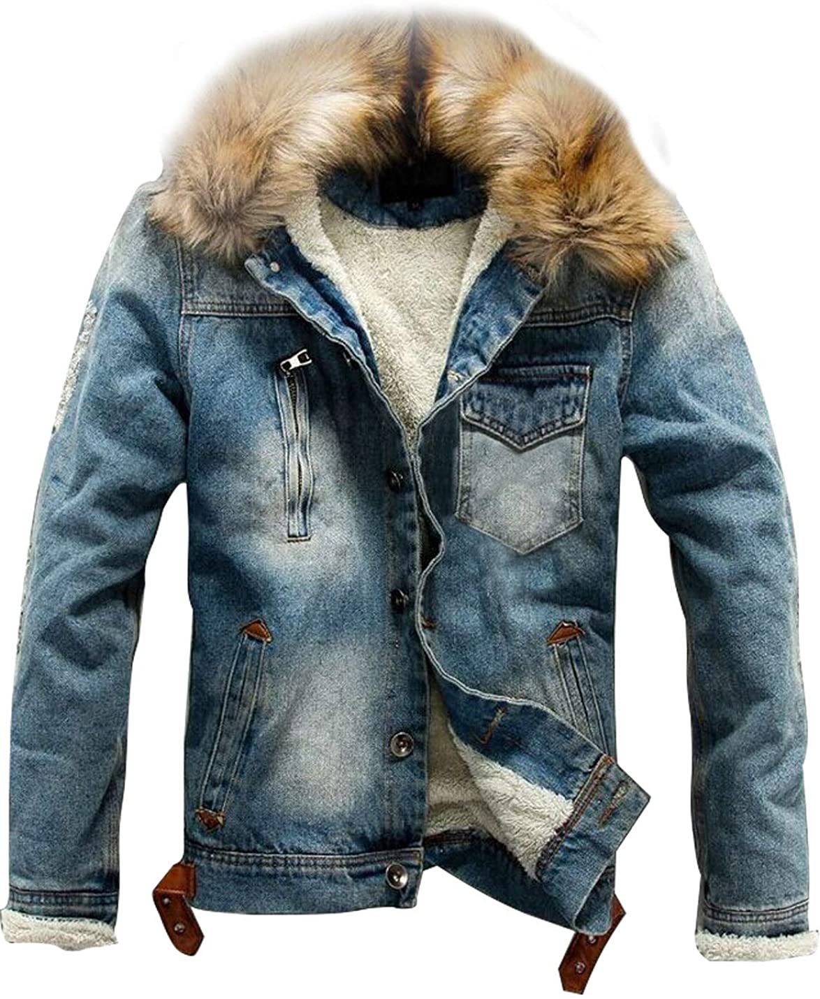 Omoone Men&#039;s Faux Collar Sherpa Fleece Lined Distressed Denim Trucker Jacket | eBay
