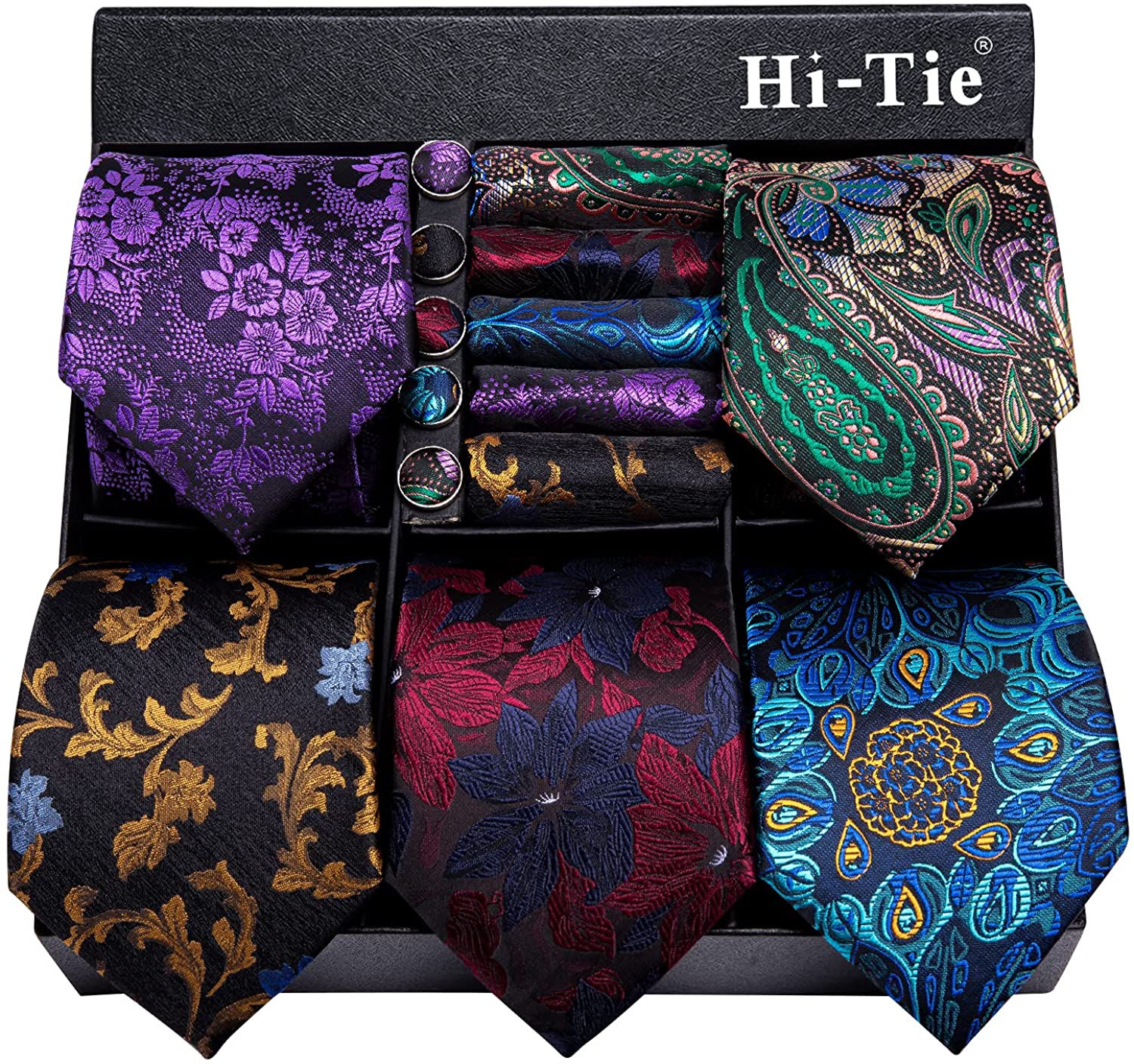 Hi-Tie 3/5 Pcs Gift Box Mens Tie Set Necktie with Pocket Square and Cufflinks Silk Neck Tie Collection 