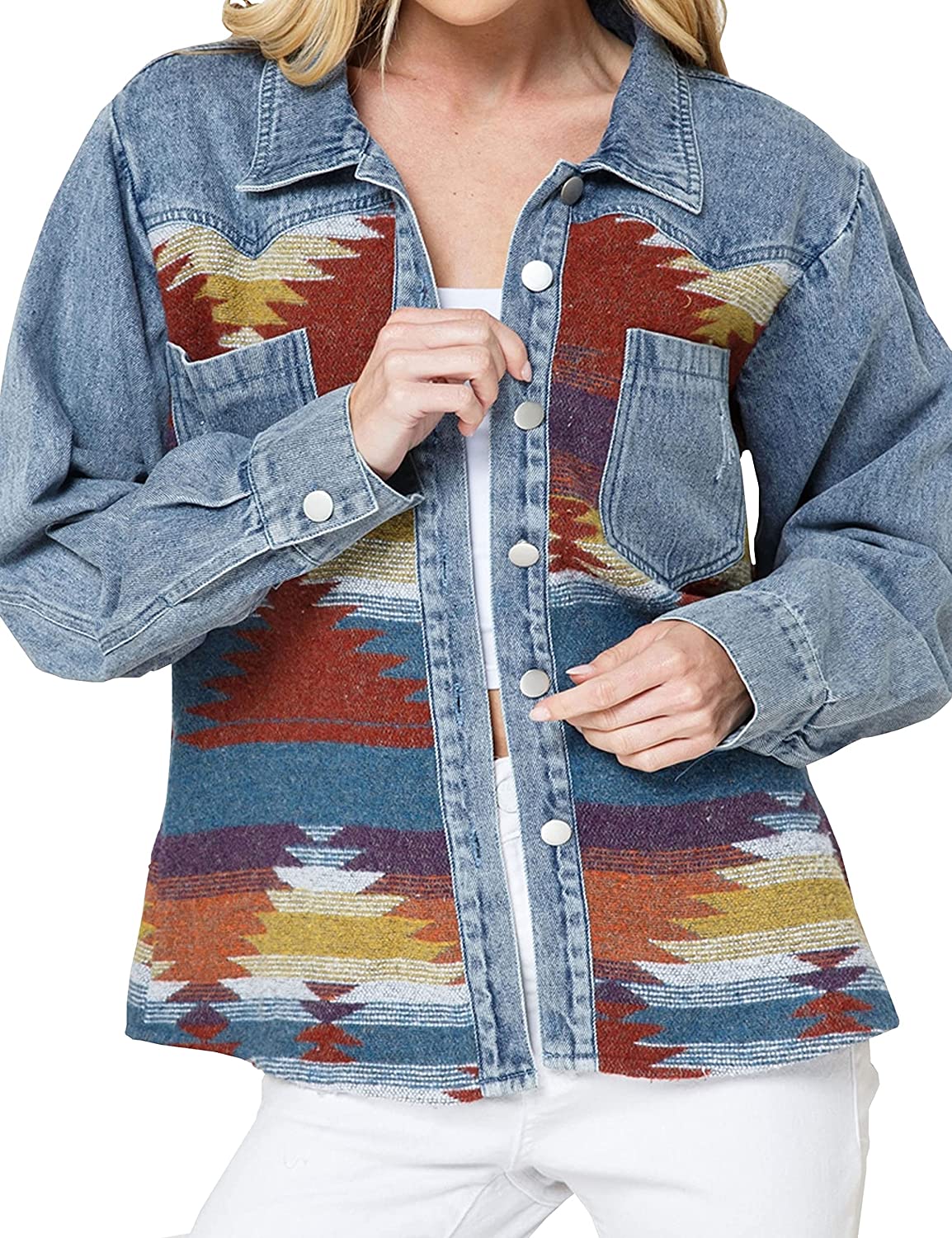 Wholesale Wholesale Monogram Women Aztec Sleeve Patchwork Hooded Denim  Jacket ,New Design Blazer From m.