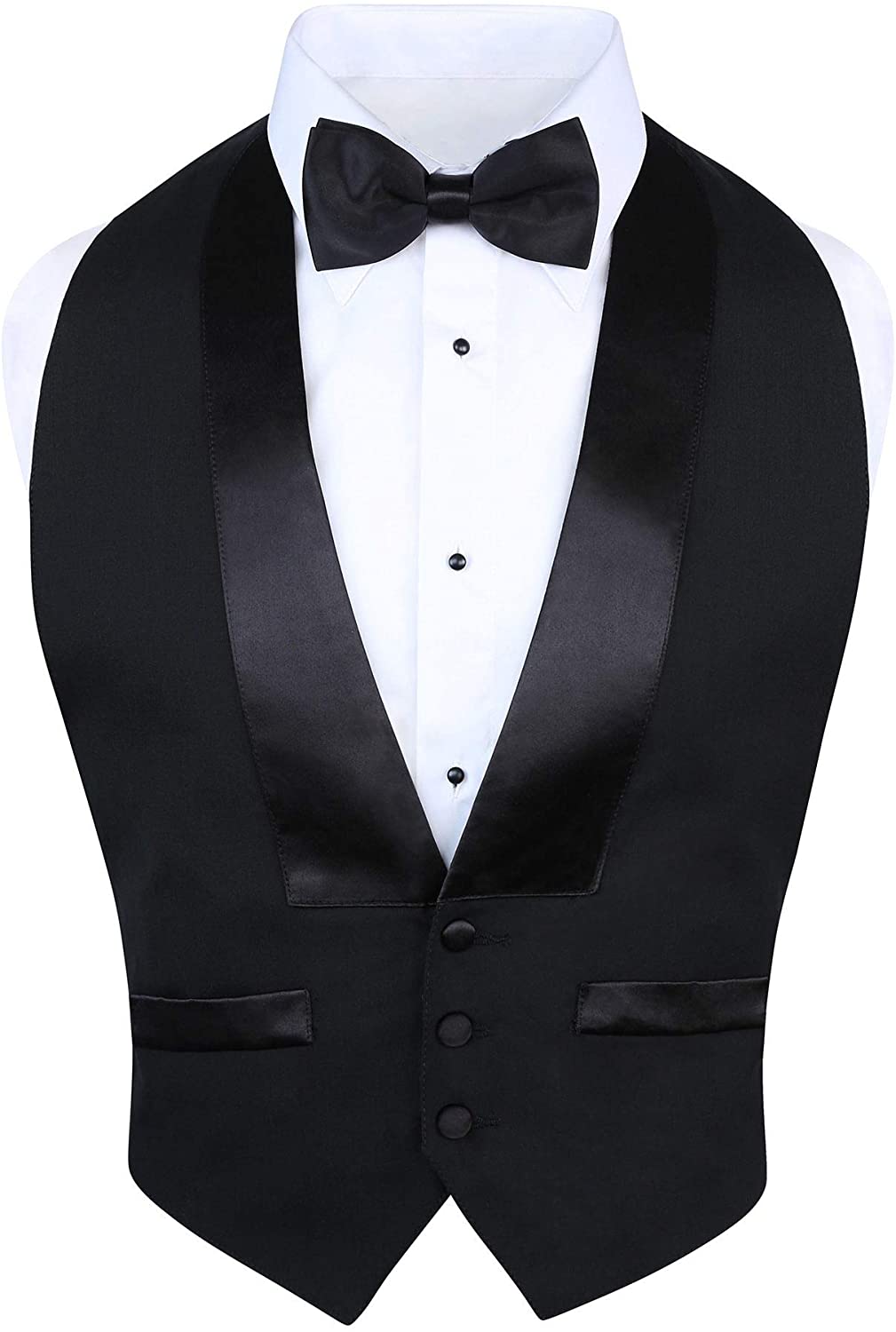 New Black Satin Tuxedo Vest Tux Bow Tie Low cut 3 button open back Adj S M L XL 