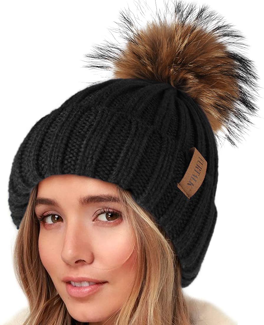 FURTALK Beanie Hat for Ladies Double Layer Fleece Line Winter Rib Knit Hats with Faux Fur Pom Pom Hat